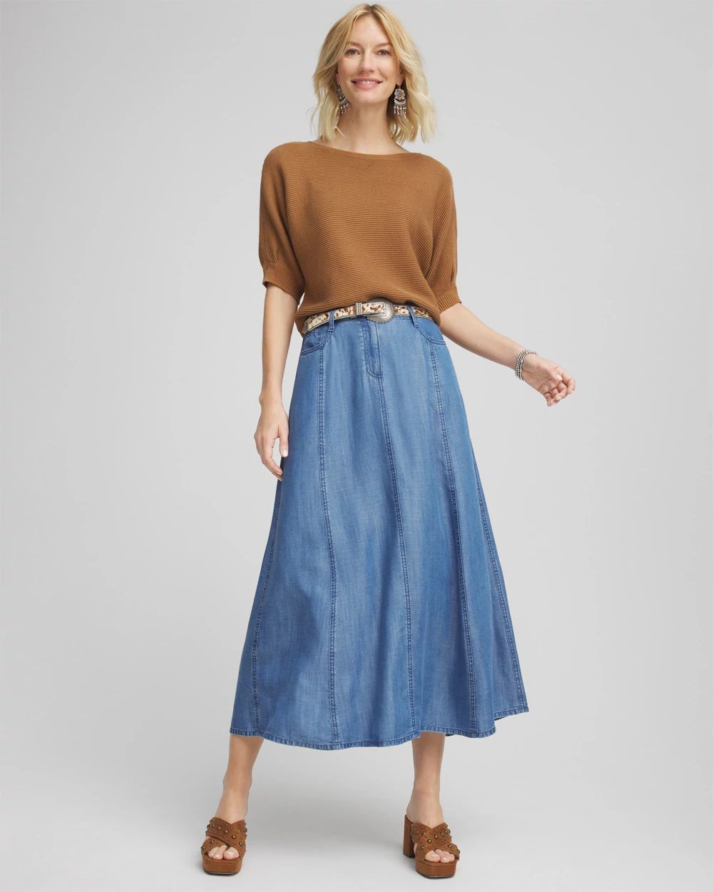 【WONDER WONDER】Horton Spring Midi Half Part5 Blue Denim SK Lightweight Denim Fly Front Midi Skirt | Chico's